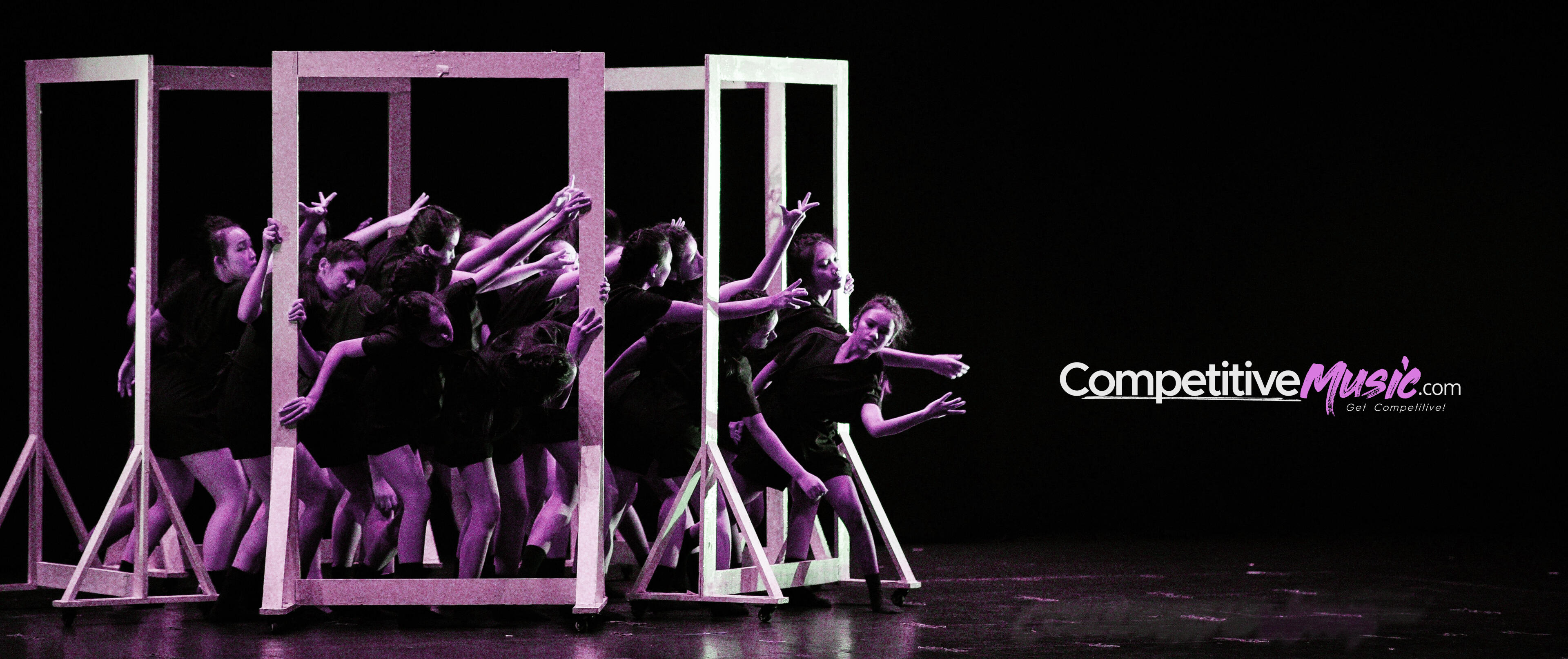 Dance music editing with logo Dancers on stage pointing to the music editing logo
