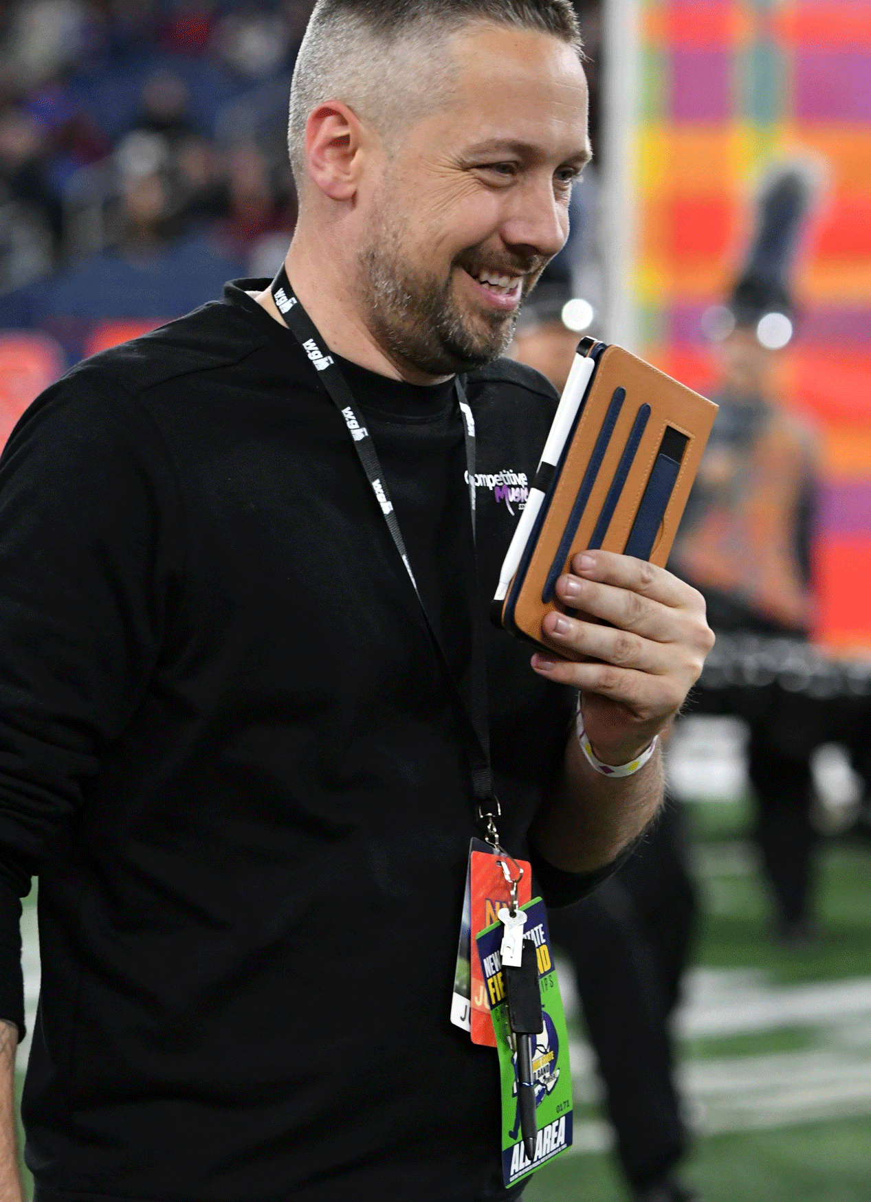 Music and audio editor biography image of Patrick Blakley Patrick R. F. Blakley image judging marching band NYSFB championships.